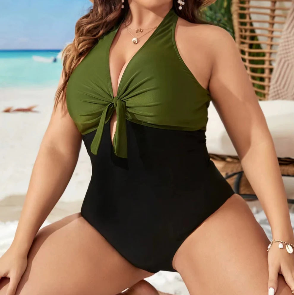Two-Tone Knot Front Plus Size One-Piece – Halter V-Neck