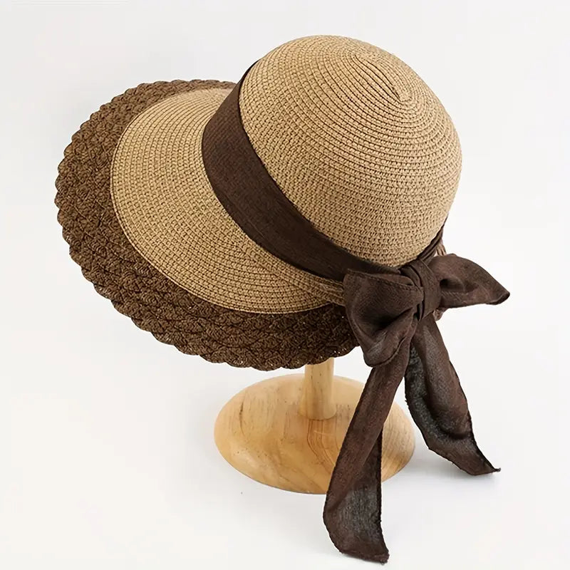 Foldable Straw-Effect Sun Hat with Back Bow