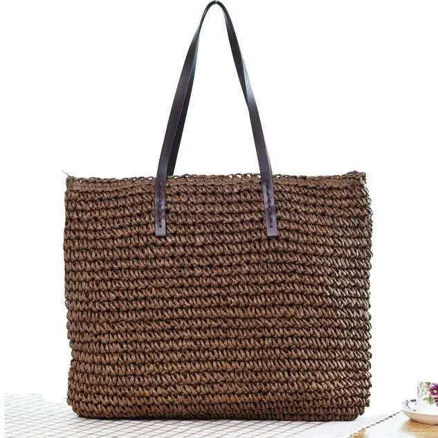 Woven Straw Boho Tote with Zip