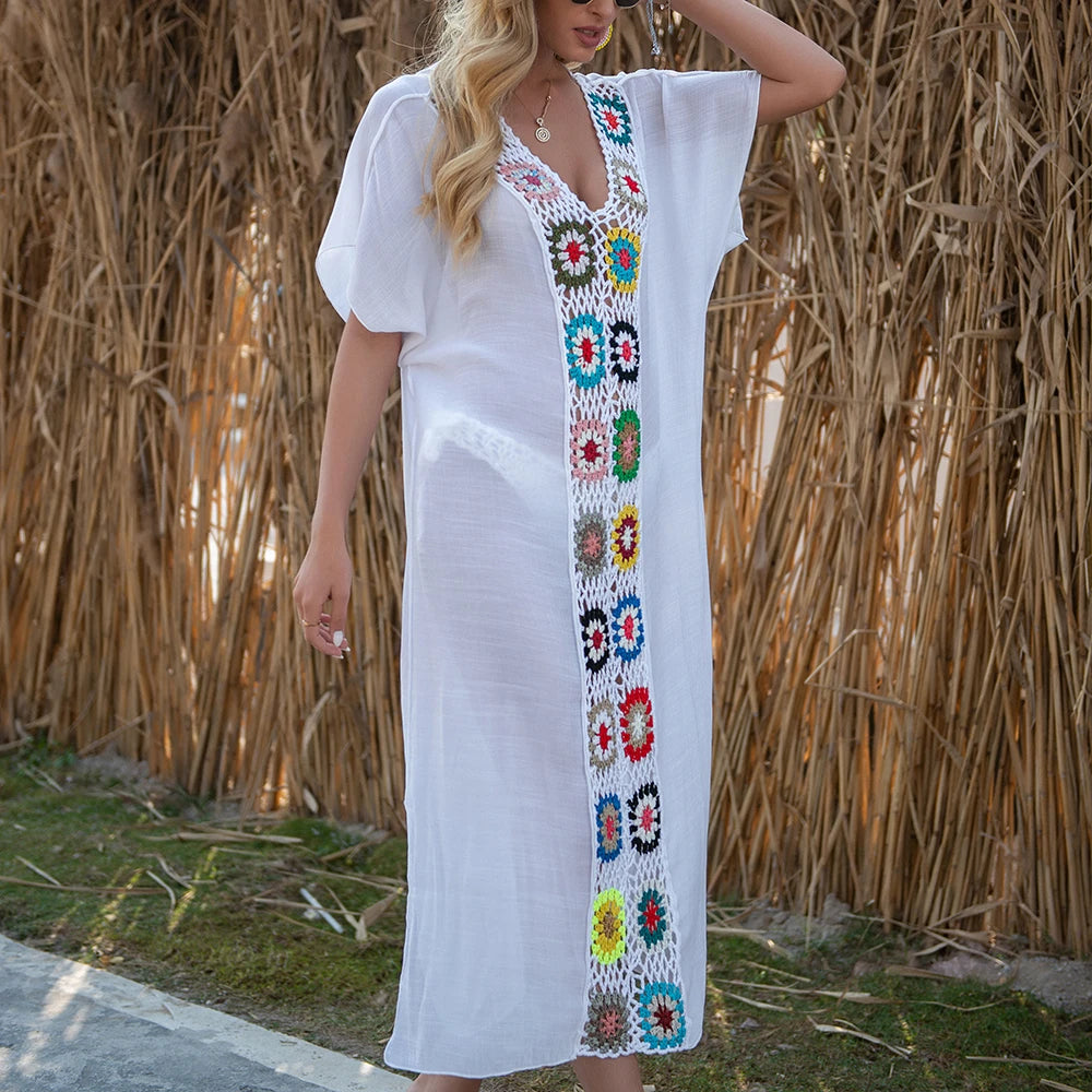 Sol Flor – Long Beach Cover-Up with Floral Crochet Detail