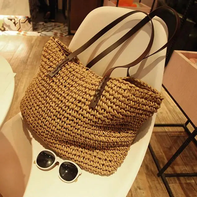 Woven Straw Boho Tote with Zip