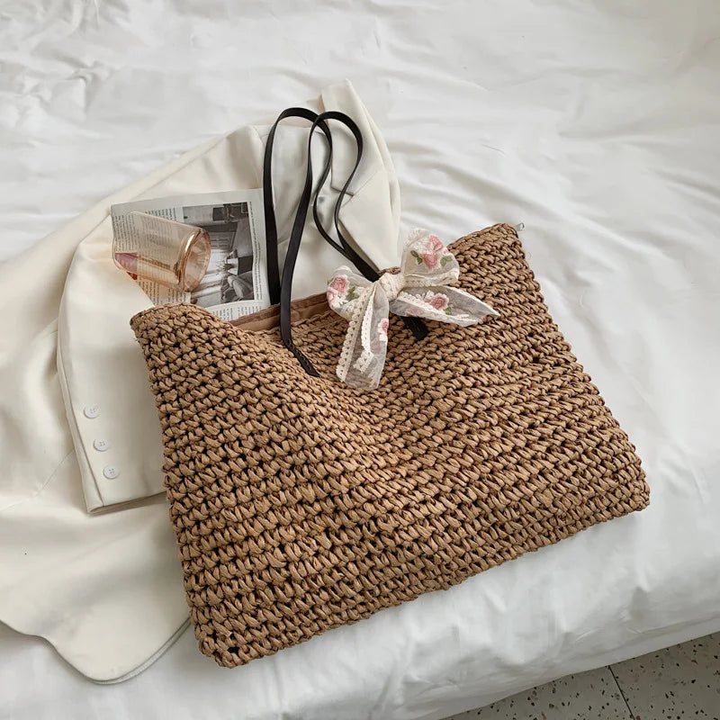 Woven Straw Boho Tote with Zip