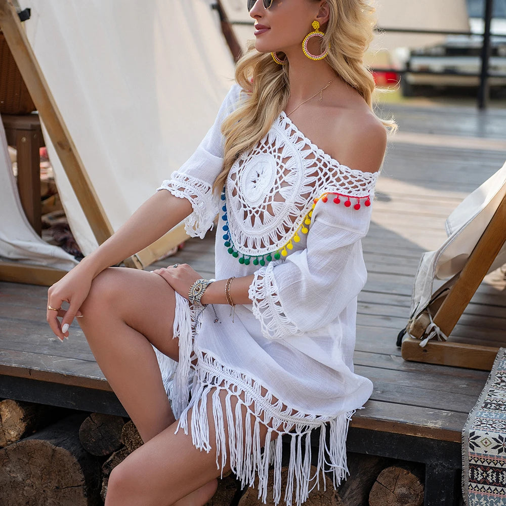 Solara beach cover-up with crochet fringes