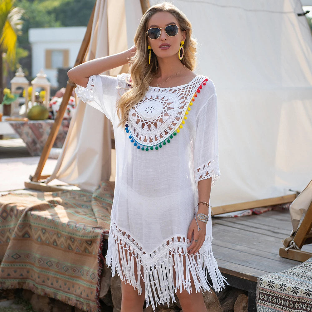 Solara beach cover-up with crochet fringes
