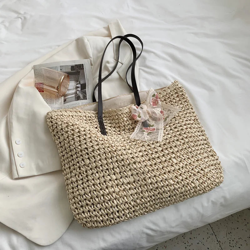 Woven Straw Boho Tote with Zip
