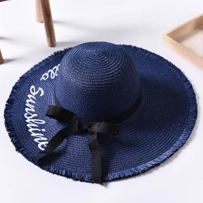 Women's Wide-Brim Straw Sun Hat — Frayed Edge & Ribbon Bow