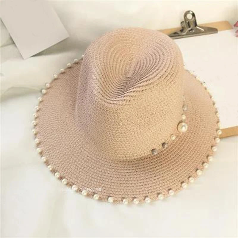 Women's Beaded Straw Fedora — Pearl Trim