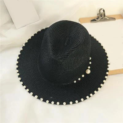 Women's Beaded Straw Fedora — Pearl Trim