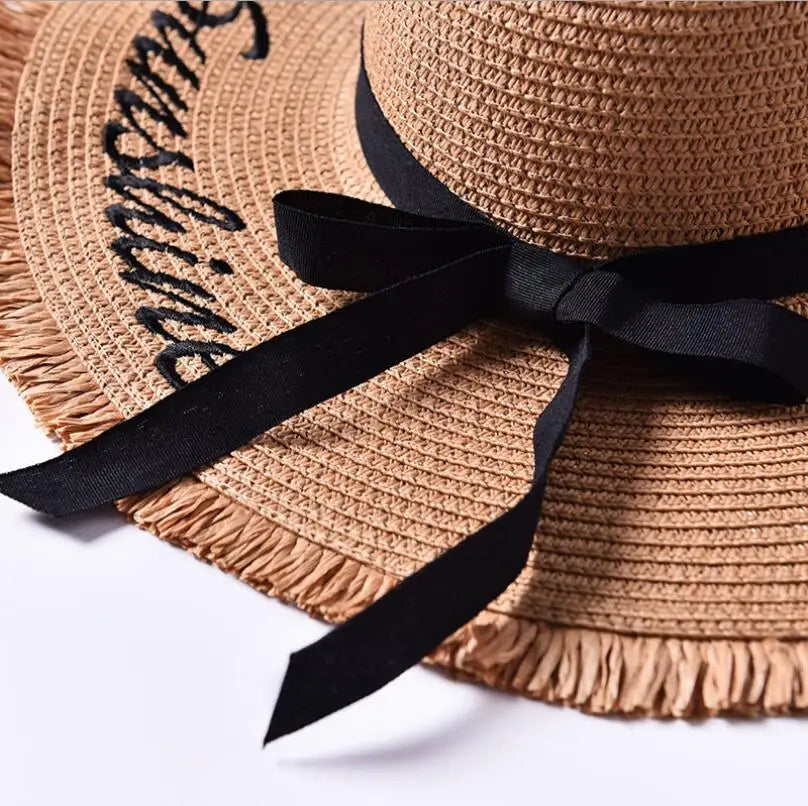 Women's Wide-Brim Straw Sun Hat — Frayed Edge & Ribbon Bow