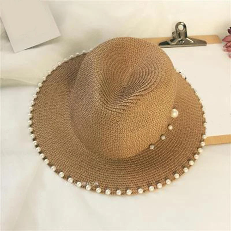 Women's Beaded Straw Fedora — Pearl Trim