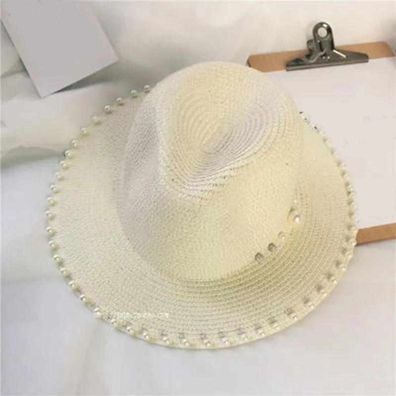 Women's Beaded Straw Fedora — Pearl Trim