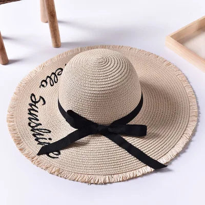 Women's Wide-Brim Straw Sun Hat — Frayed Edge & Ribbon Bow