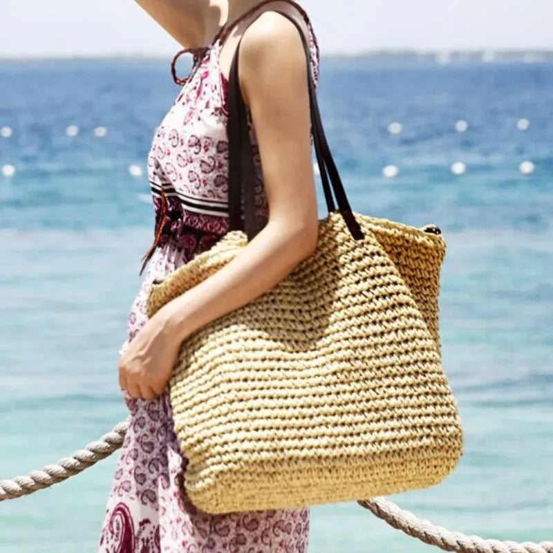 Woven Straw Boho Tote with Zip
