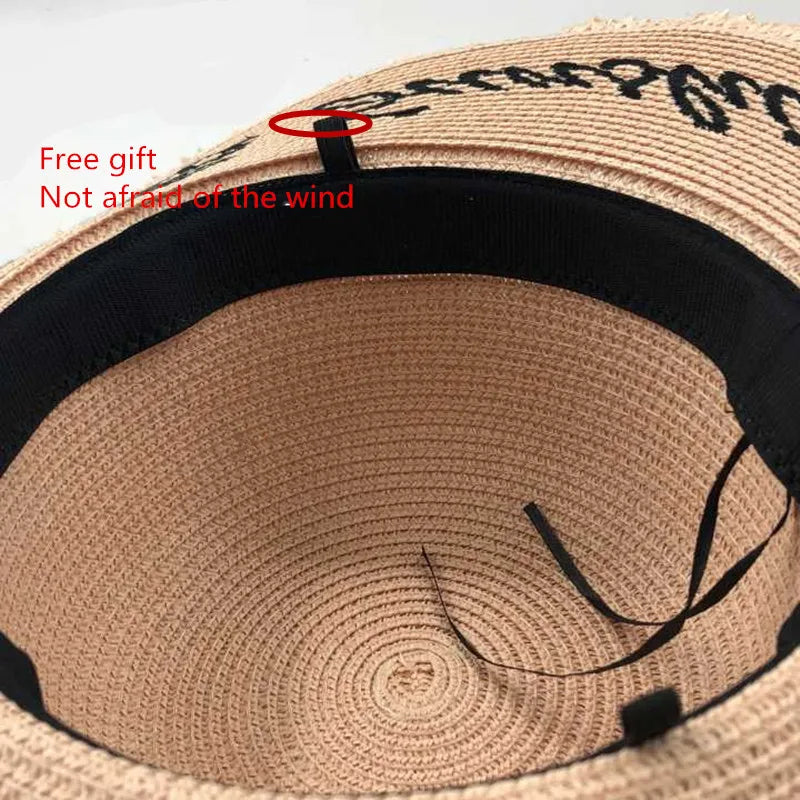 Women's Wide-Brim Straw Sun Hat — Frayed Edge & Ribbon Bow