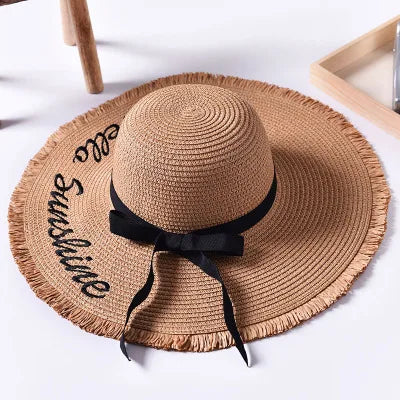 Women's Wide-Brim Straw Sun Hat — Frayed Edge & Ribbon Bow