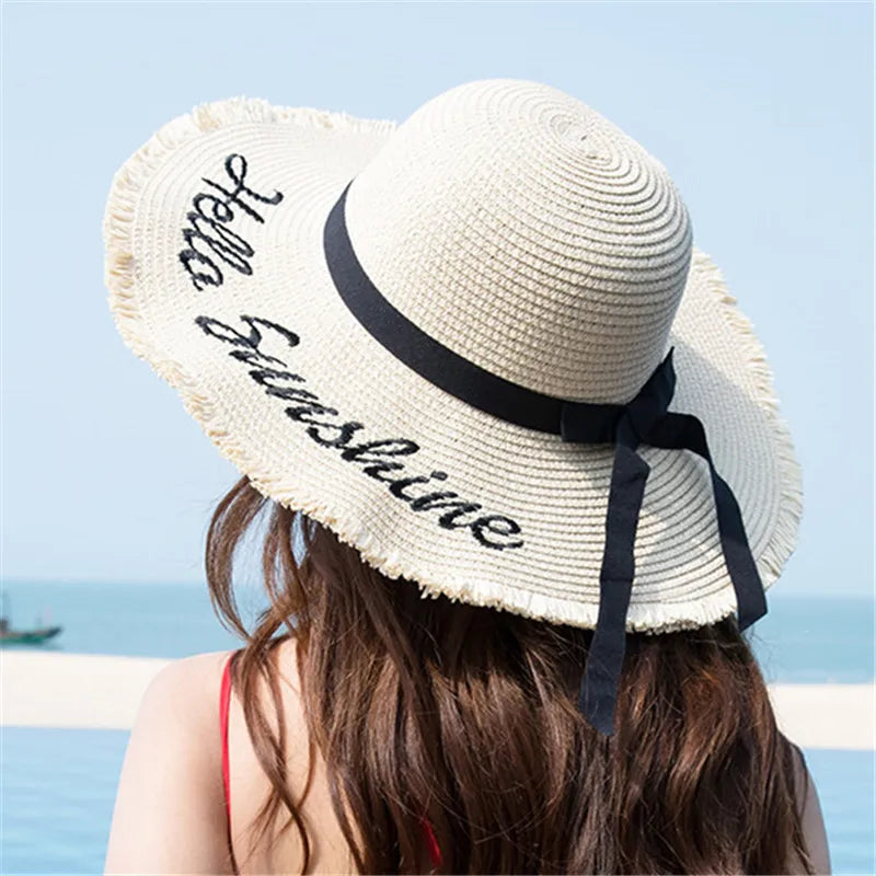 Women's Wide-Brim Straw Sun Hat — Frayed Edge & Ribbon Bow