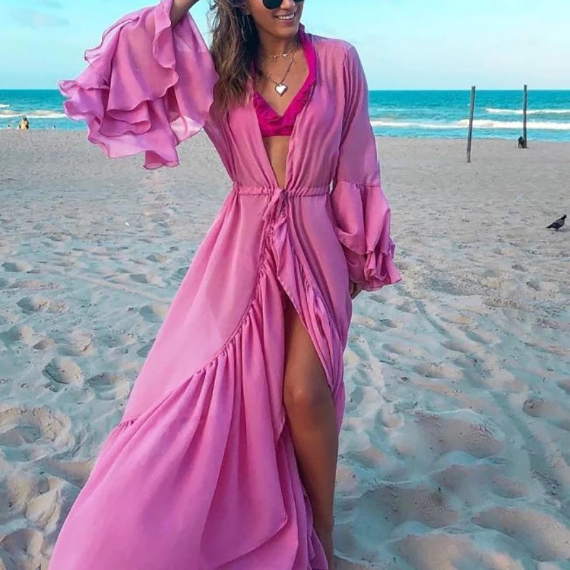 Beach cover-up with layered sleeves