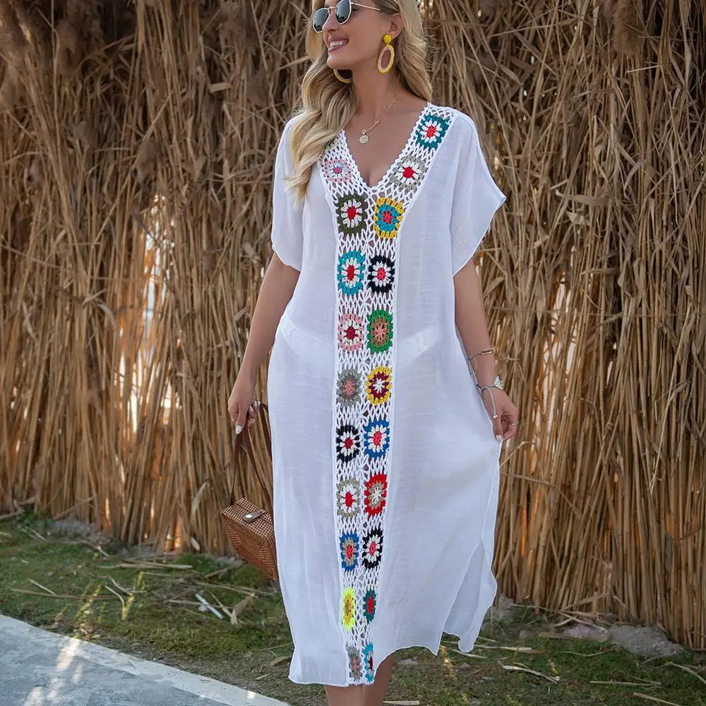 Sol Flor – Long Beach Cover-Up with Floral Crochet Detail