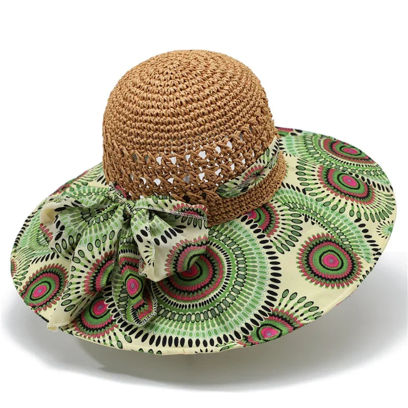 Women's Crochet Straw Sun Hat — Paisley Fabric Brim & Bow