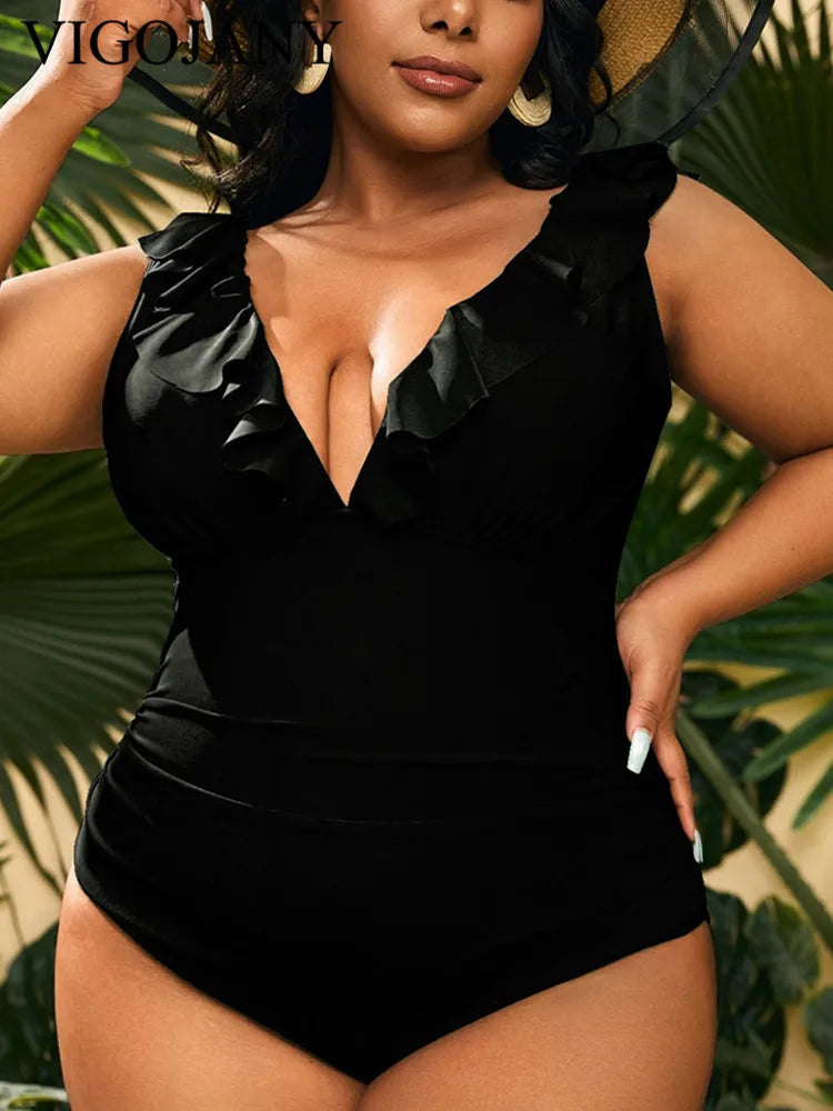 Ruffle V-Neck Plus Size One-Piece – Backless Elegance