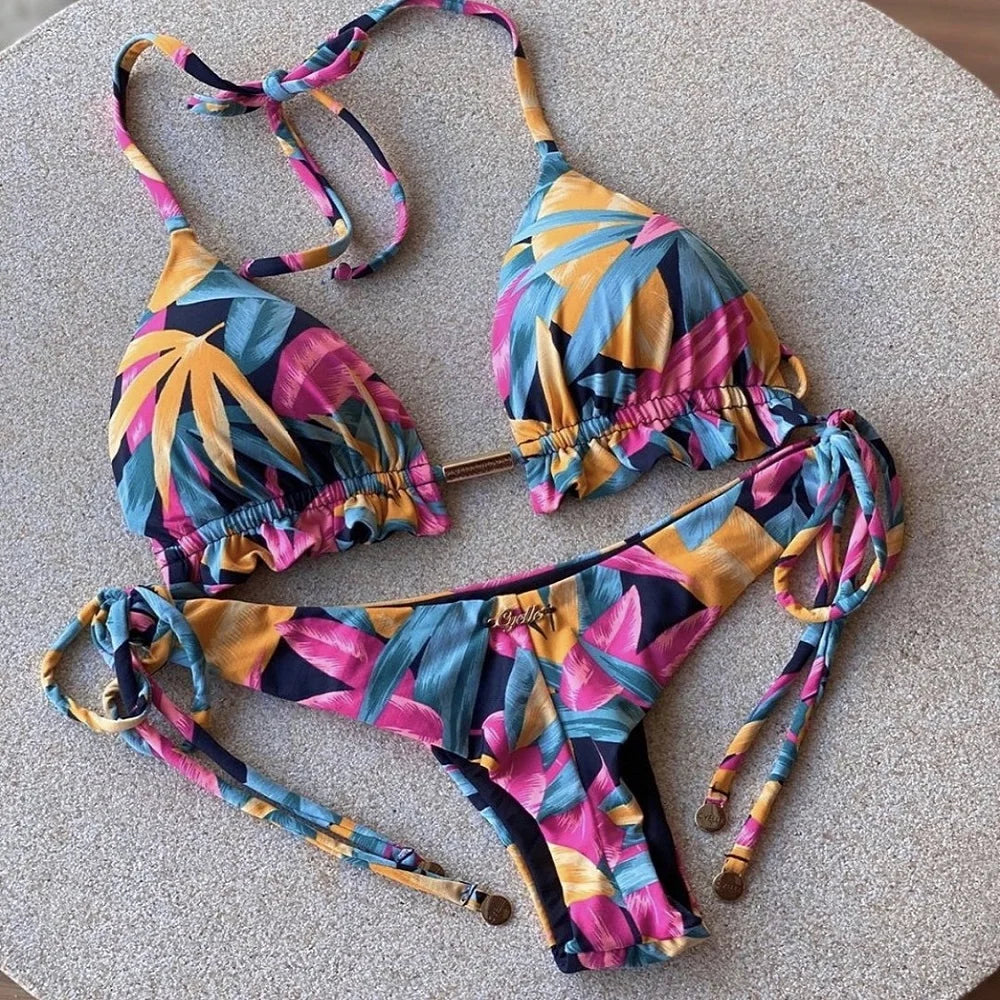 Brazilian Cut Tropical Leaf Print Tie Bikini