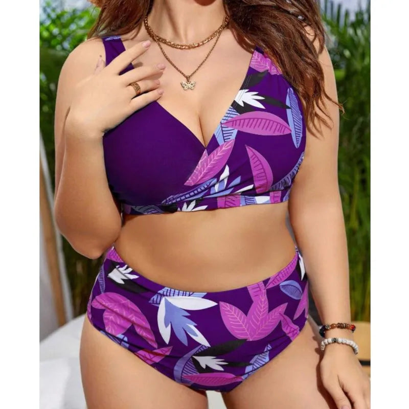 Women's Plus Size V-Neck Colorblock Floral Bikini Set