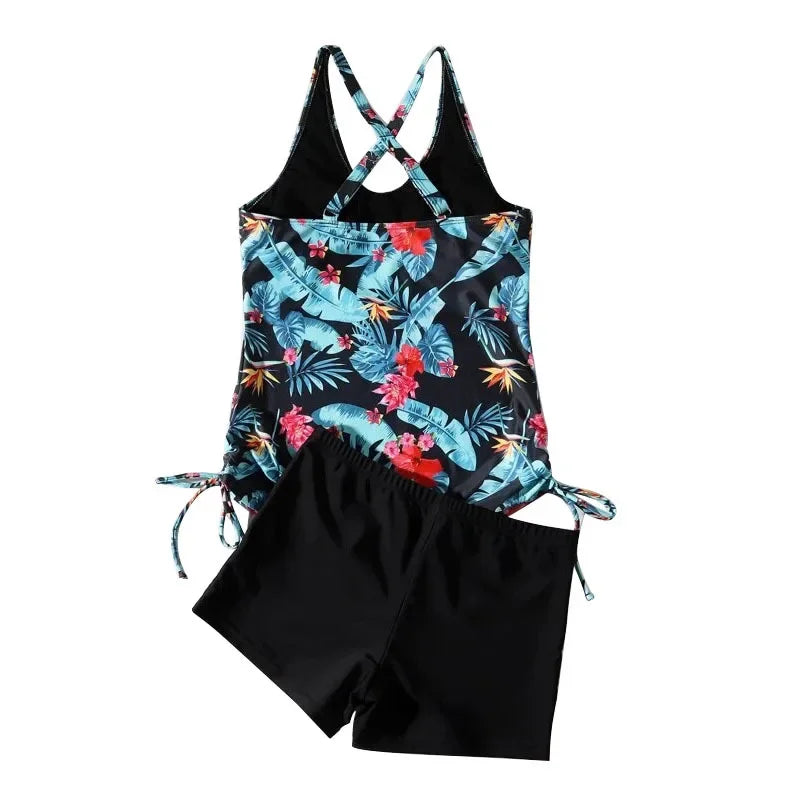 Caribbean floral tankini with side tie and cross back