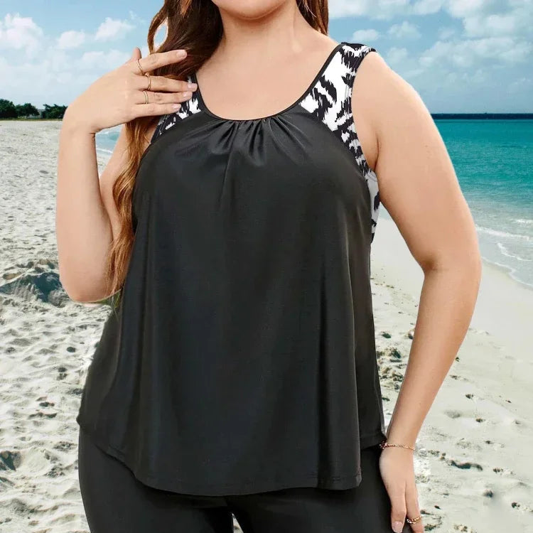 Floral Vest-Style Plus Size Tankini Set – Mid-Thigh Shorts