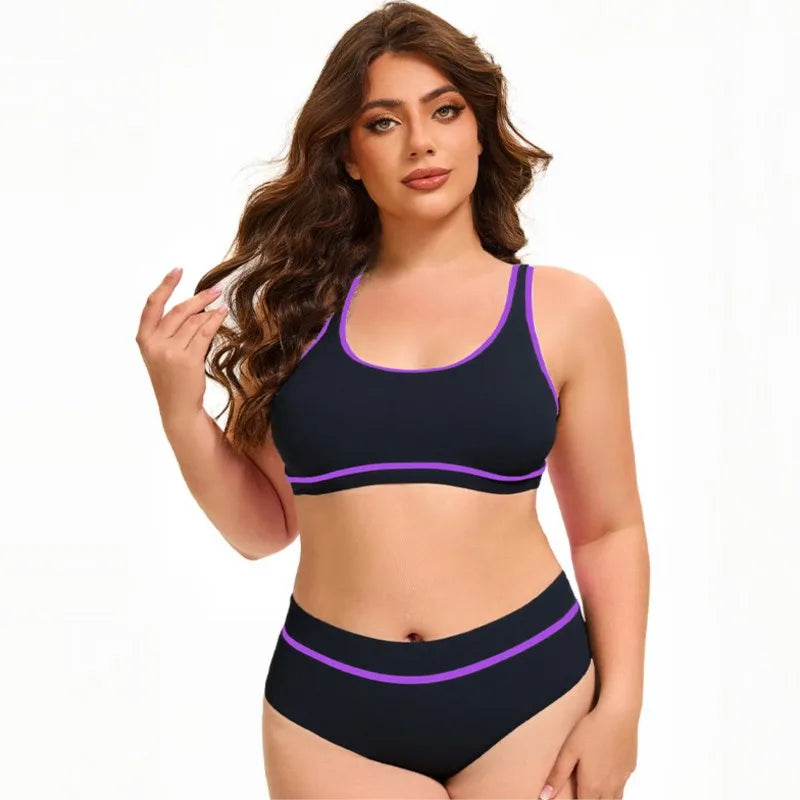 Solid Color Plus Size Bikini – Scoop Neck & Contrast Stripe Trim