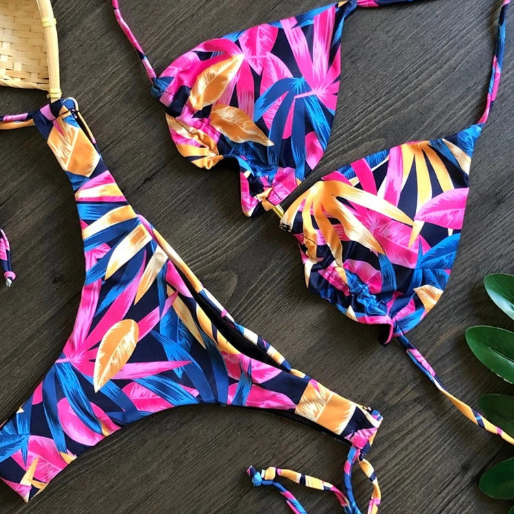 Brazilian Cut Tropical Leaf Print Tie Bikini