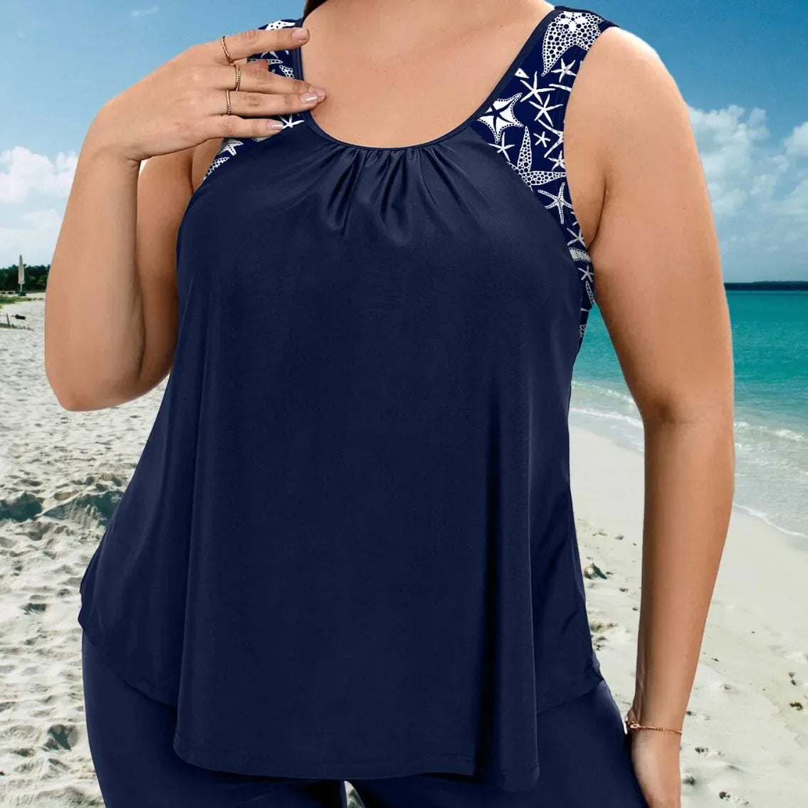 Floral Vest-Style Plus Size Tankini Set – Mid-Thigh Shorts