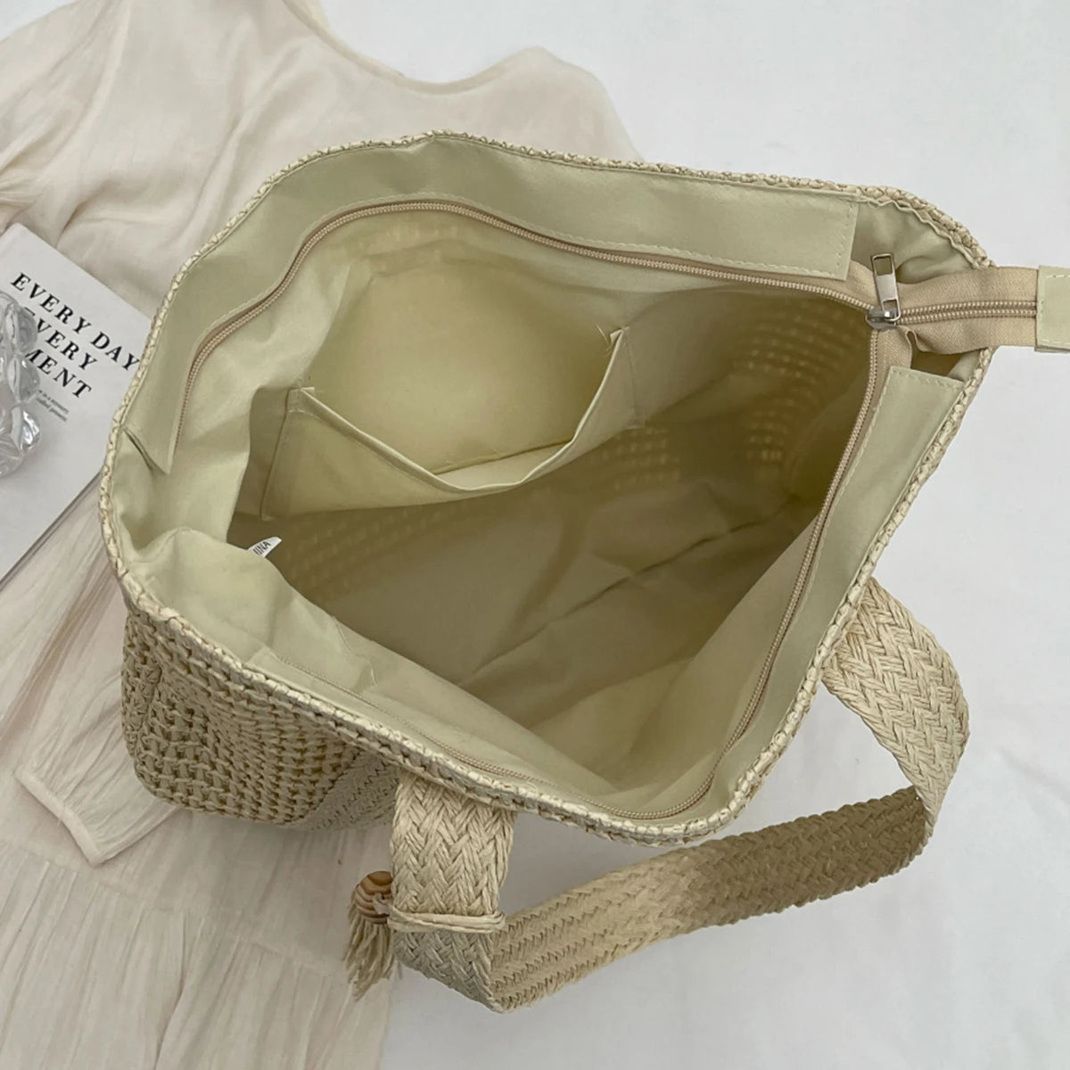 Lined Straw Tote with Zipper & Tassel
