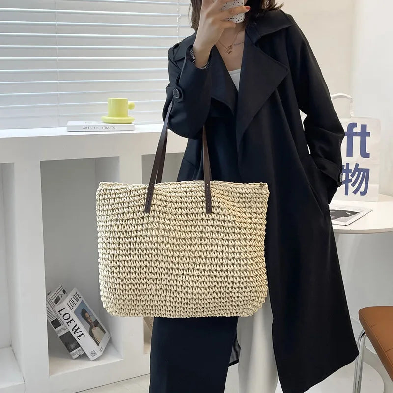Woven Straw Boho Tote with Zip