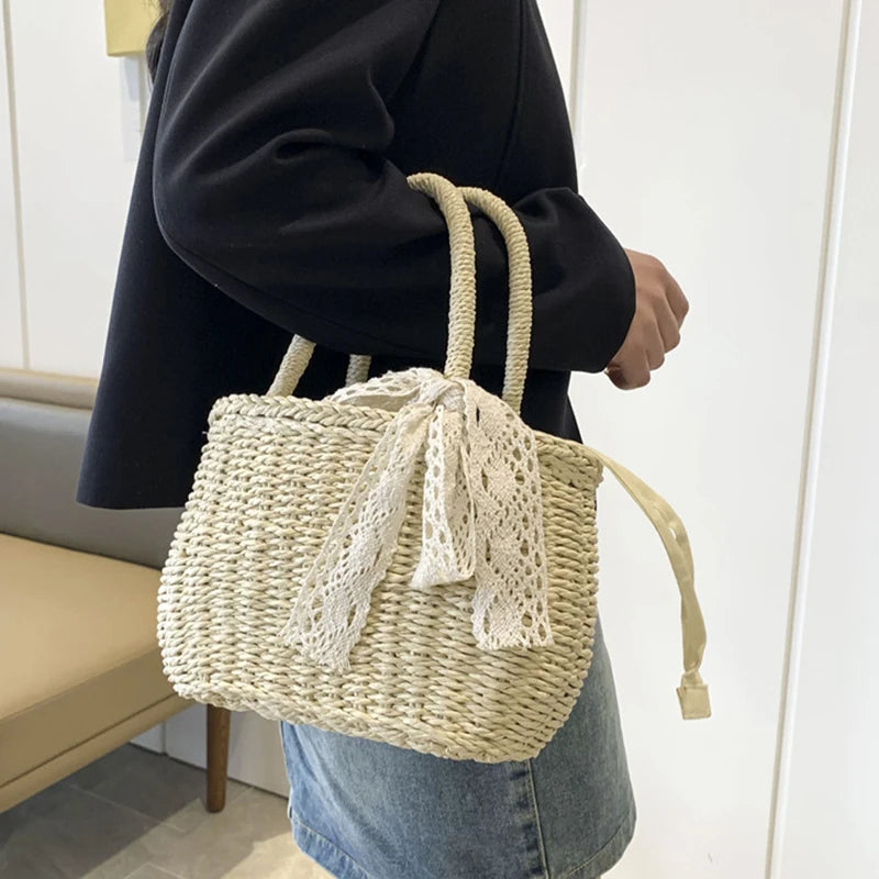 Mini Woven Straw Bucket with Drawstring