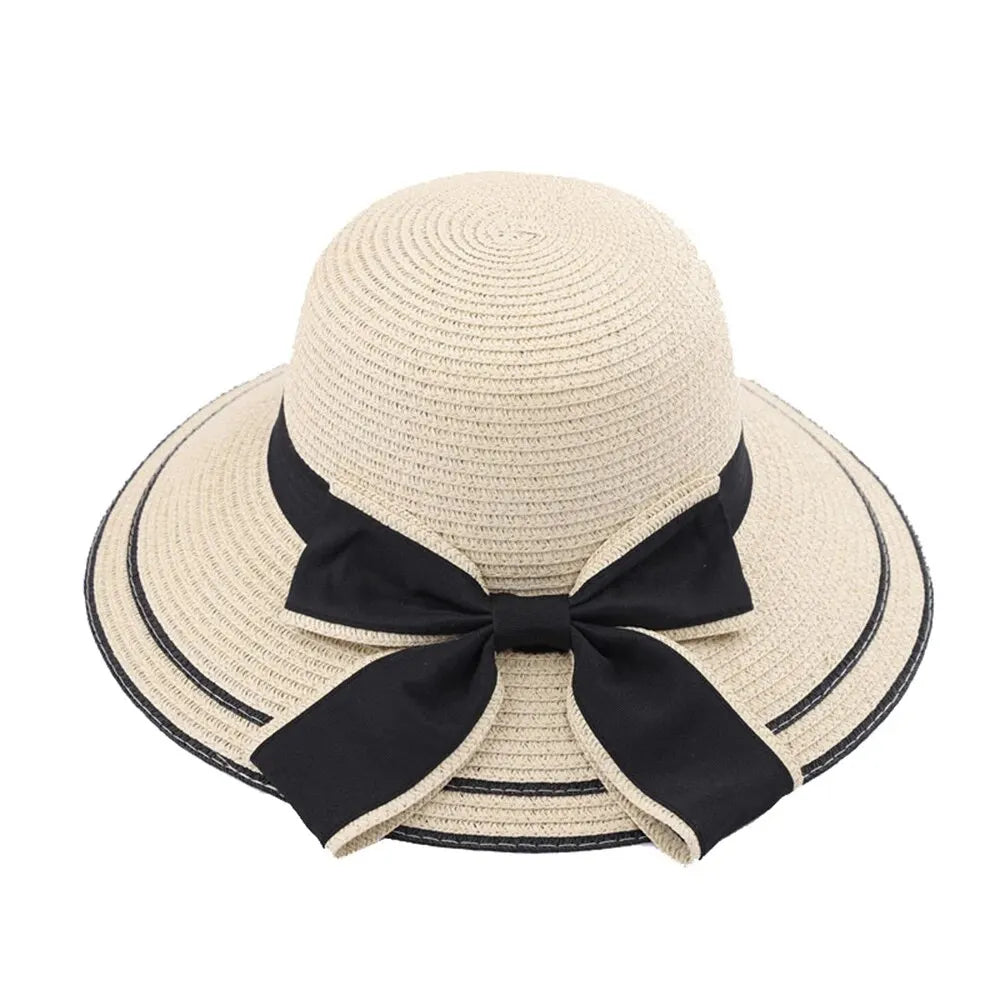 Women's Wide-Brim Straw Sun Hat — Back Bow Ribbon