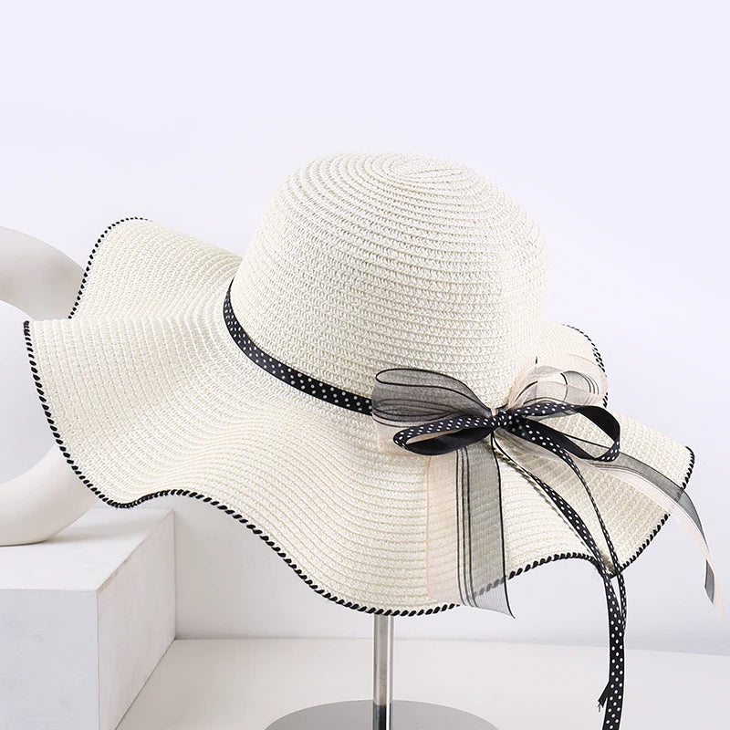Women's Wide-Brim Sun Hat — Wavy Edge & Sheer Bow