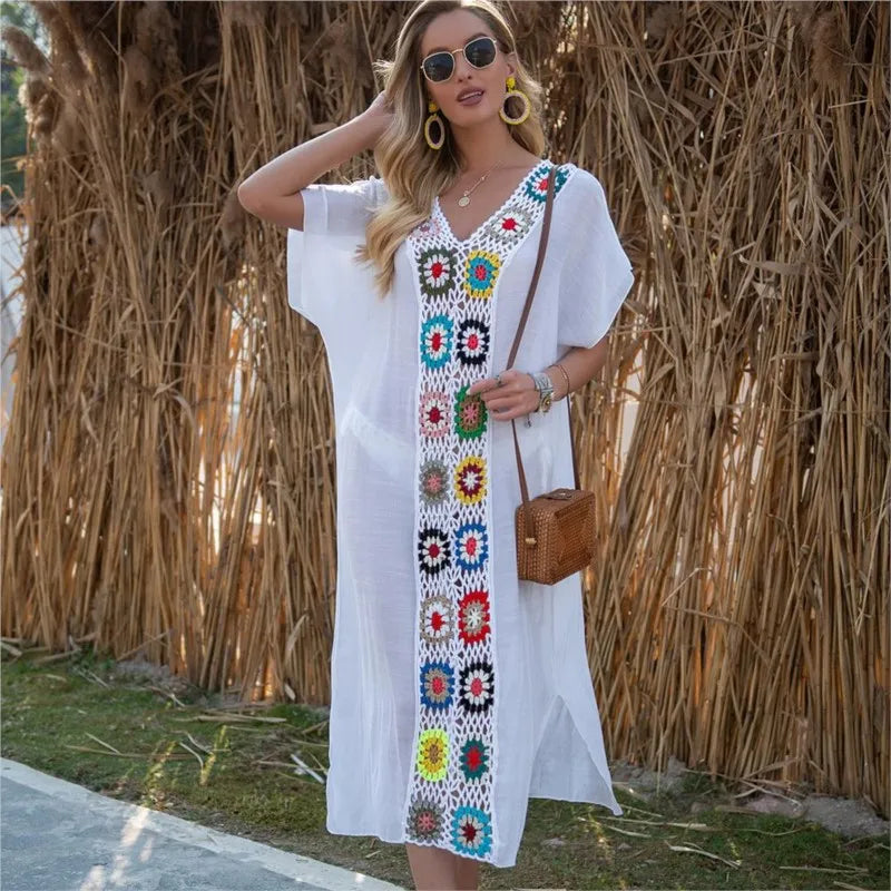 Sol Flor – Long Beach Cover-Up with Floral Crochet Detail