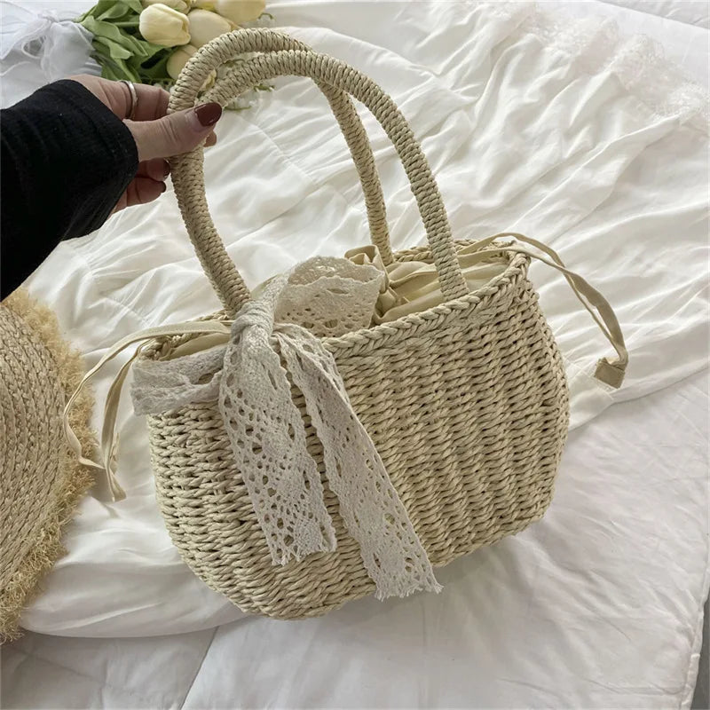 Mini Woven Straw Bucket with Drawstring
