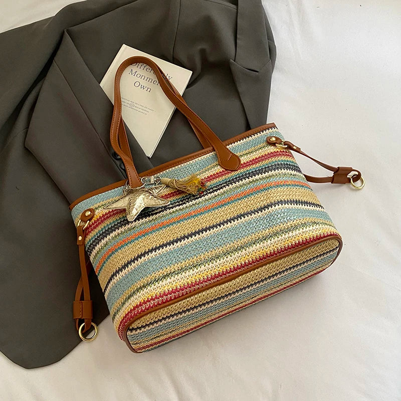 Striped Straw-Effect Tote with Zip