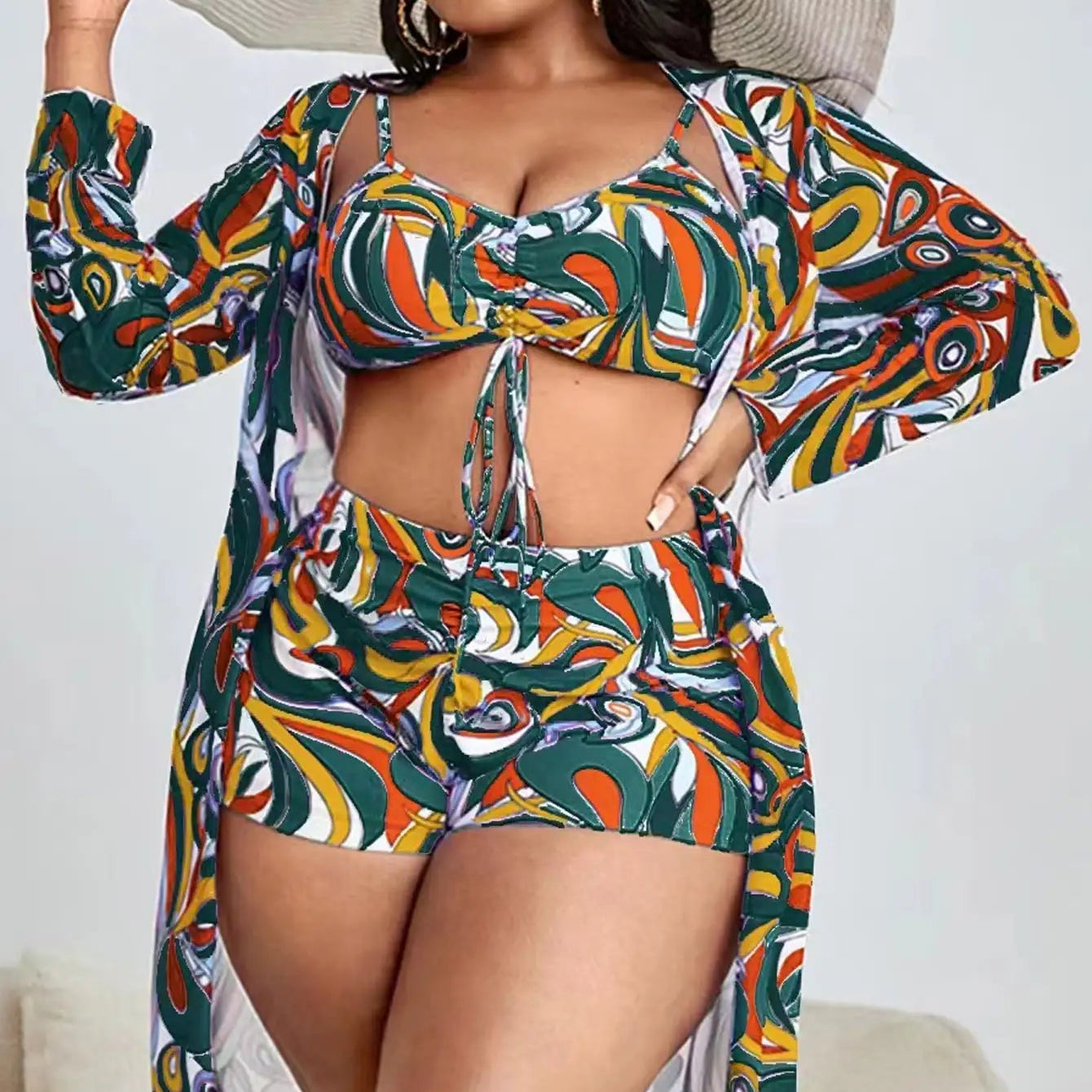 TropiChic 3-Pcs Plus Size Bikini Set with Kimono