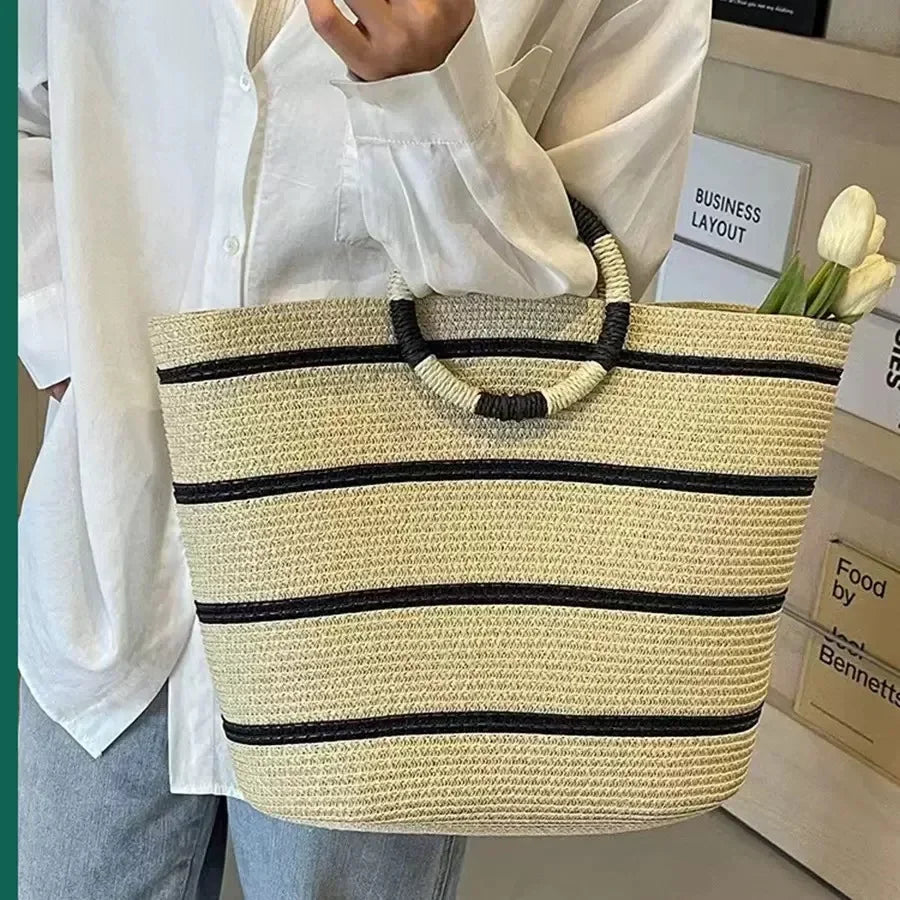 Striped Woven Straw Bucket Tote