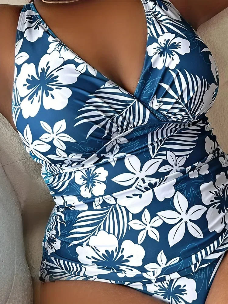Blue Floral Plus Size Tankini Set – Longline Top & High-Waist Bottom