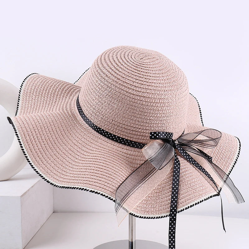 Women's Wide-Brim Sun Hat — Wavy Edge & Sheer Bow