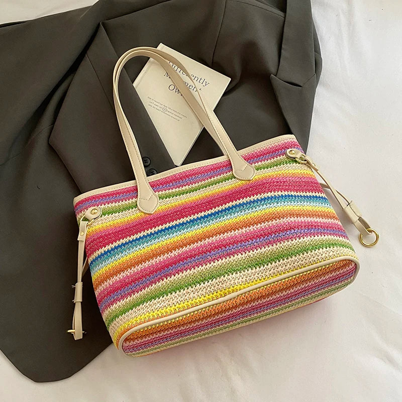 Striped Straw-Effect Tote with Zip