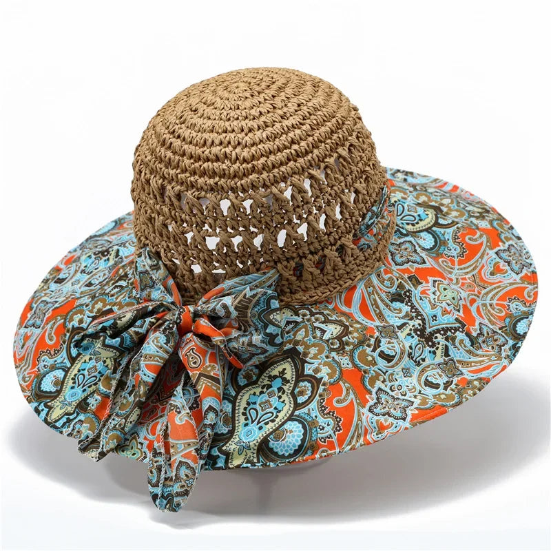 Women's Crochet Straw Sun Hat — Paisley Fabric Brim & Bow