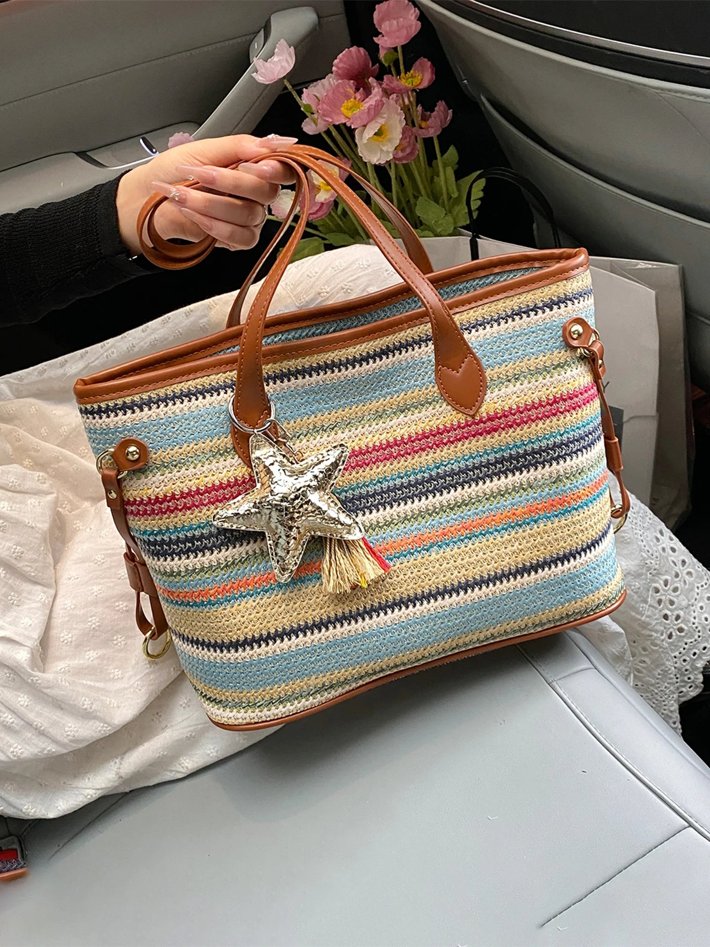 Striped Straw-Effect Tote with Zip