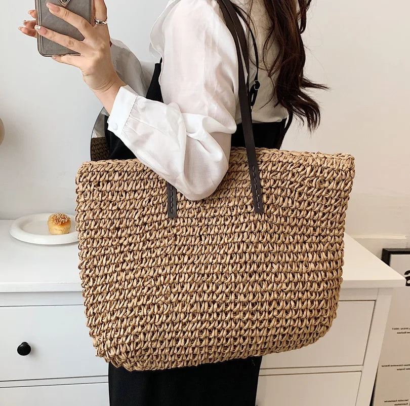 Woven Straw Boho Tote with Zip