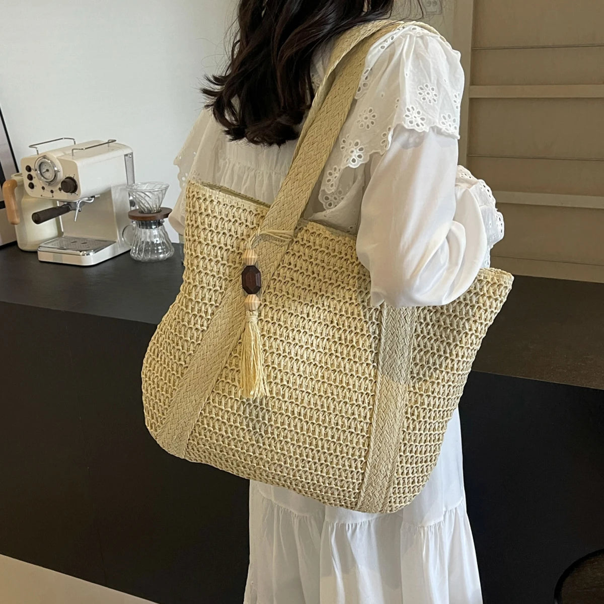 Lined Straw Tote with Zipper & Tassel