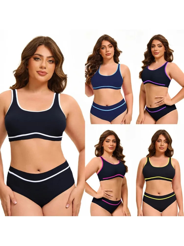 Solid Color Plus Size Bikini – Scoop Neck & Contrast Stripe Trim