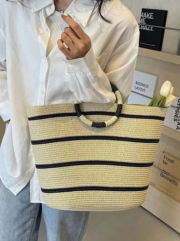 Striped Woven Straw Bucket Tote